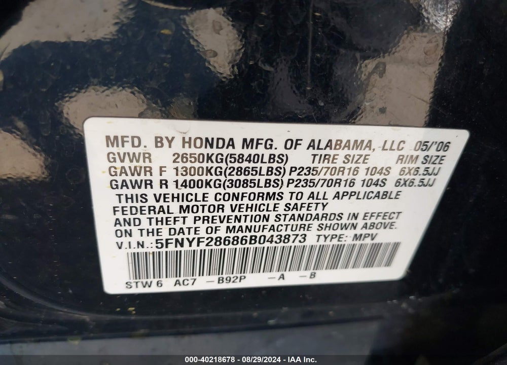 2006 HONDA PILOT EX-L VIN: 5FNYF28686B043873