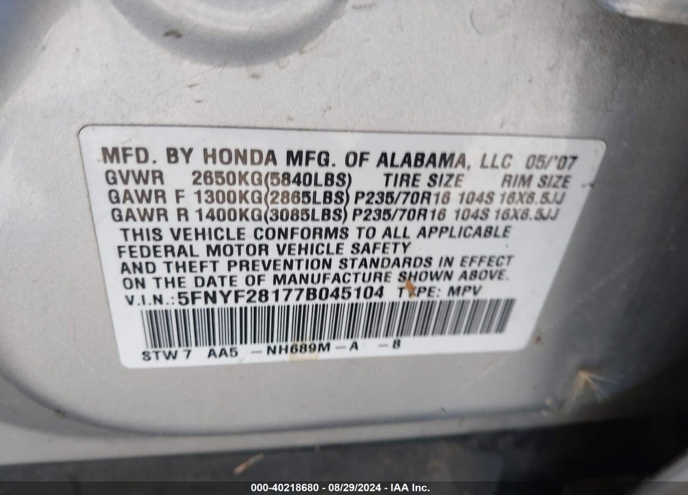 2007 HONDA PILOT LX VIN: 5FNYF28177B045104