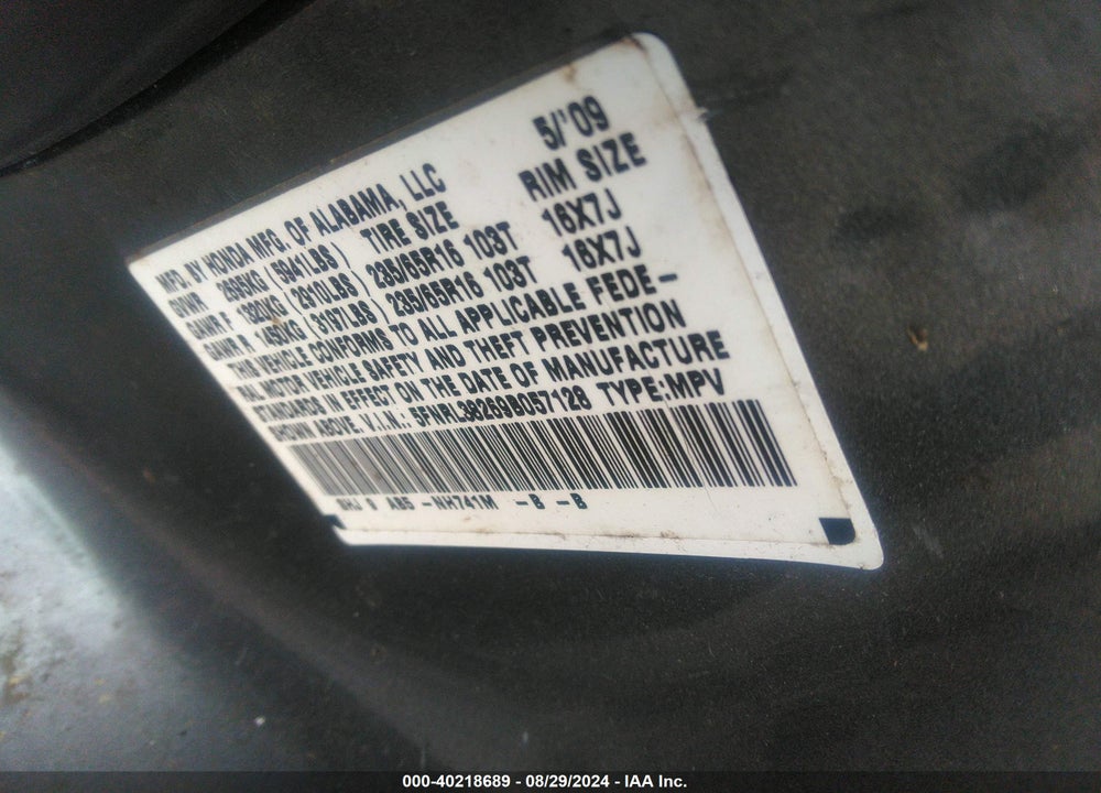 2009 HONDA ODYSSEY LX VIN: 5FNRL38269B057128