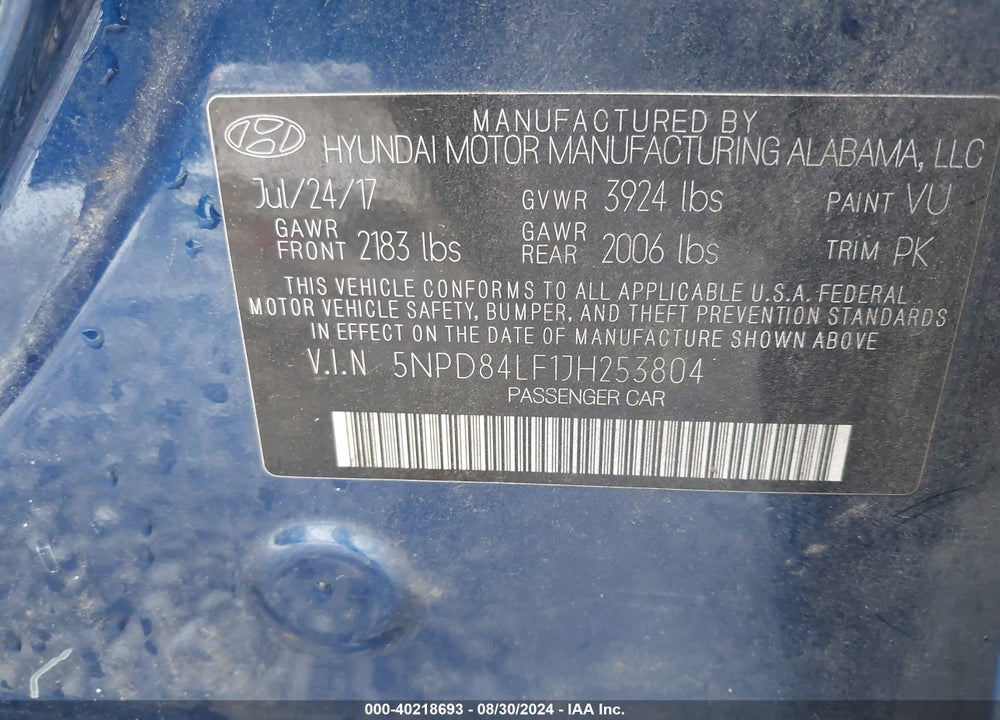 2018 HYUNDAI ELANTRA SEL VIN: 5NPD84LF1JH253804