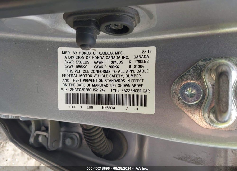 2016 HONDA CIVIC LX VIN: 2HGFC2F58GH521247