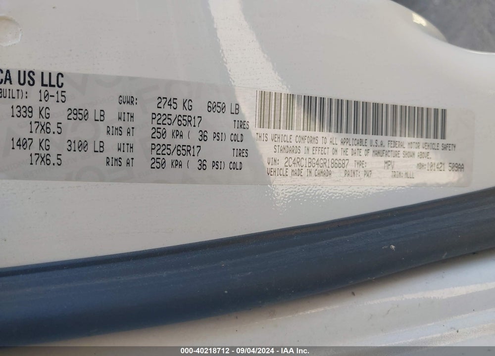 2016 CHRYSLER TOWN & COUNTRY TOURING VIN: 2C4RC1BG4GR186687