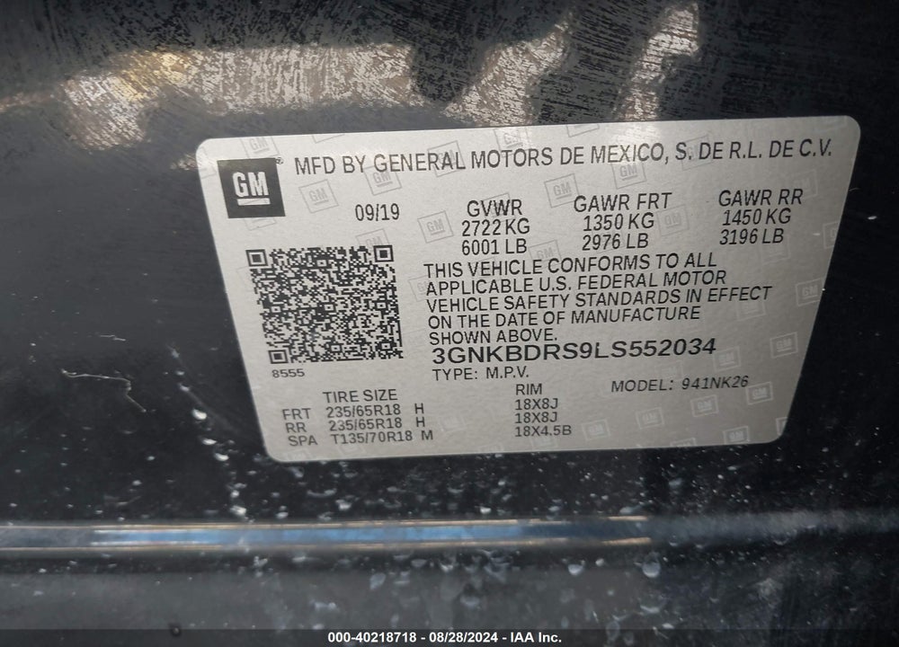 2020 CHEVROLET BLAZER FWD 3LT VIN: 3GNKBDRS9LS552034
