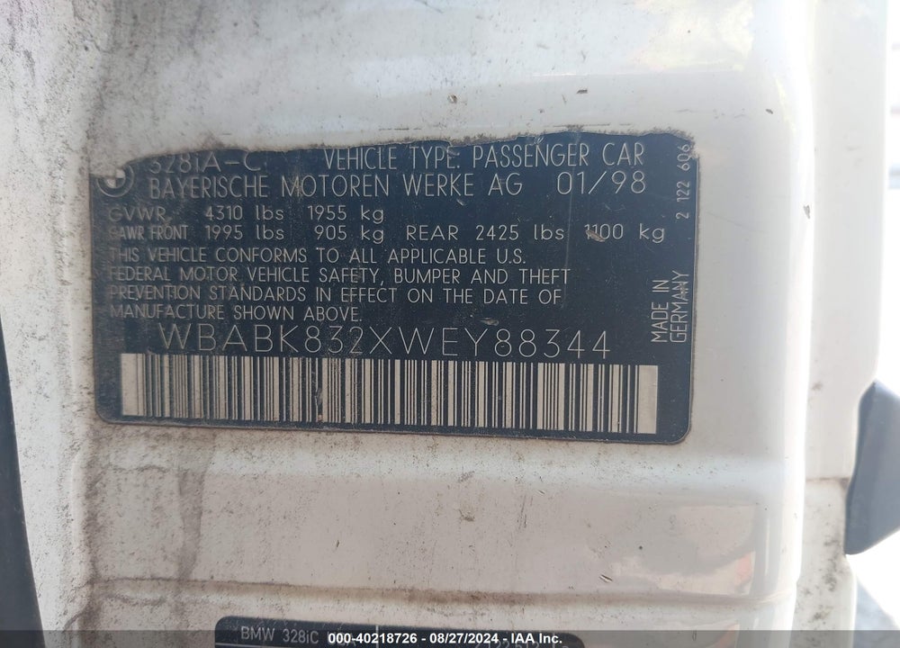 1998 BMW 328IC VIN: WBABK832XWEY88344