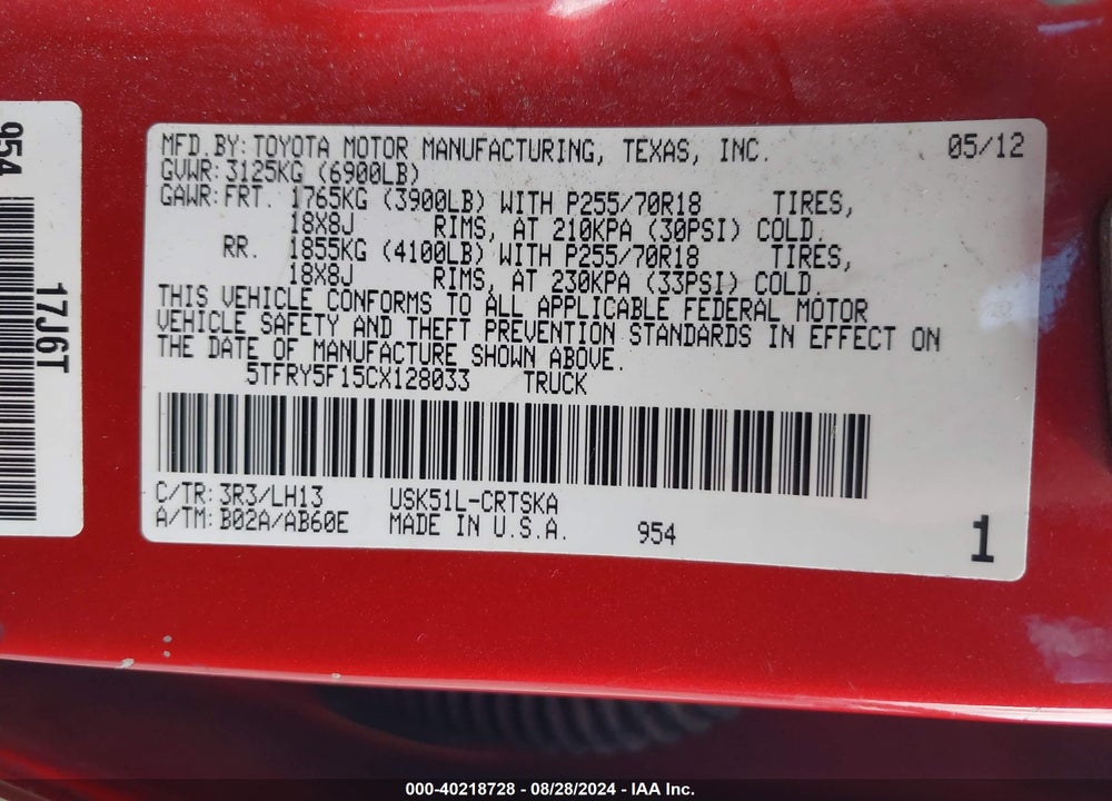 2012 TOYOTA TUNDRA GRADE 5.7L V8 VIN: 5TFRY5F15CX128033