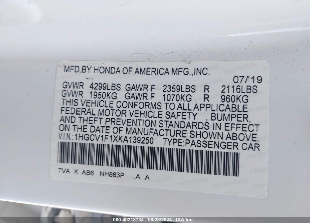 2019 HONDA ACCORD LX VIN: 1HGCV1F1XKA139250