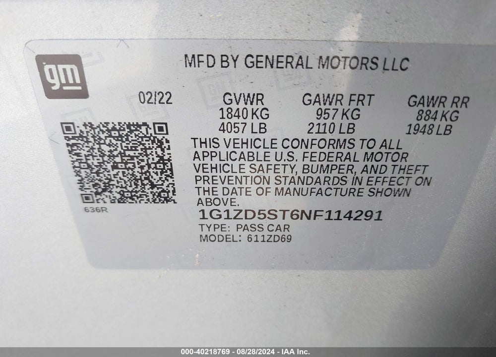 2022 CHEVROLET MALIBU FWD LT VIN: 1G1ZD5ST6NF114291