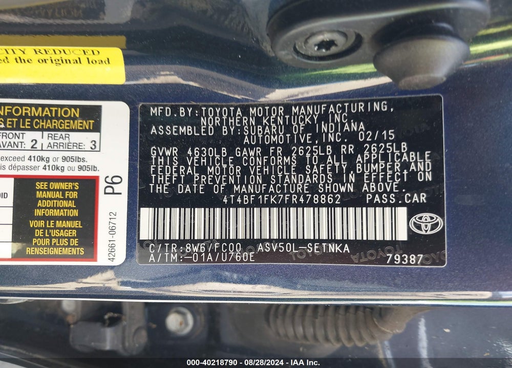 2015 TOYOTA CAMRY LE VIN: 4T4BF1FK7FR478862