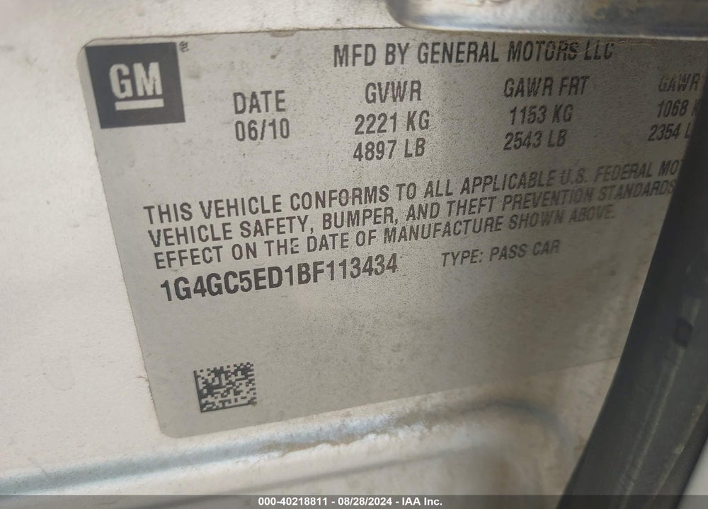 2011 BUICK LACROSSE CXL VIN: 1G4GC5ED1BF113434