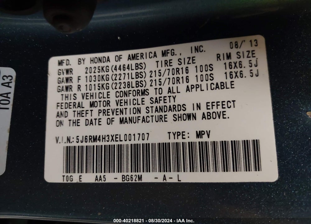 2014 HONDA CR-V LX VIN: 5J6RM4H3XEL001707