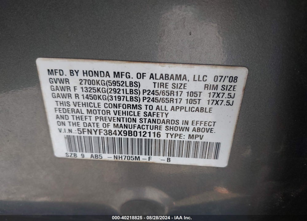 2009 HONDA PILOT EX VIN: 5FNYF384X9B012116