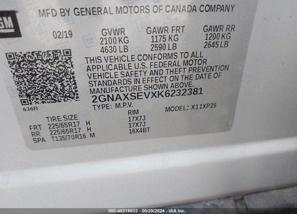 2019 CHEVROLET EQUINOX LS VIN: 2GNAXSEVXK6232381