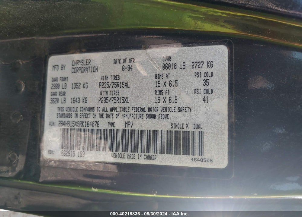 1994 DODGE RAM WAGON B150 VIN: 2B4HB15X9RK184078