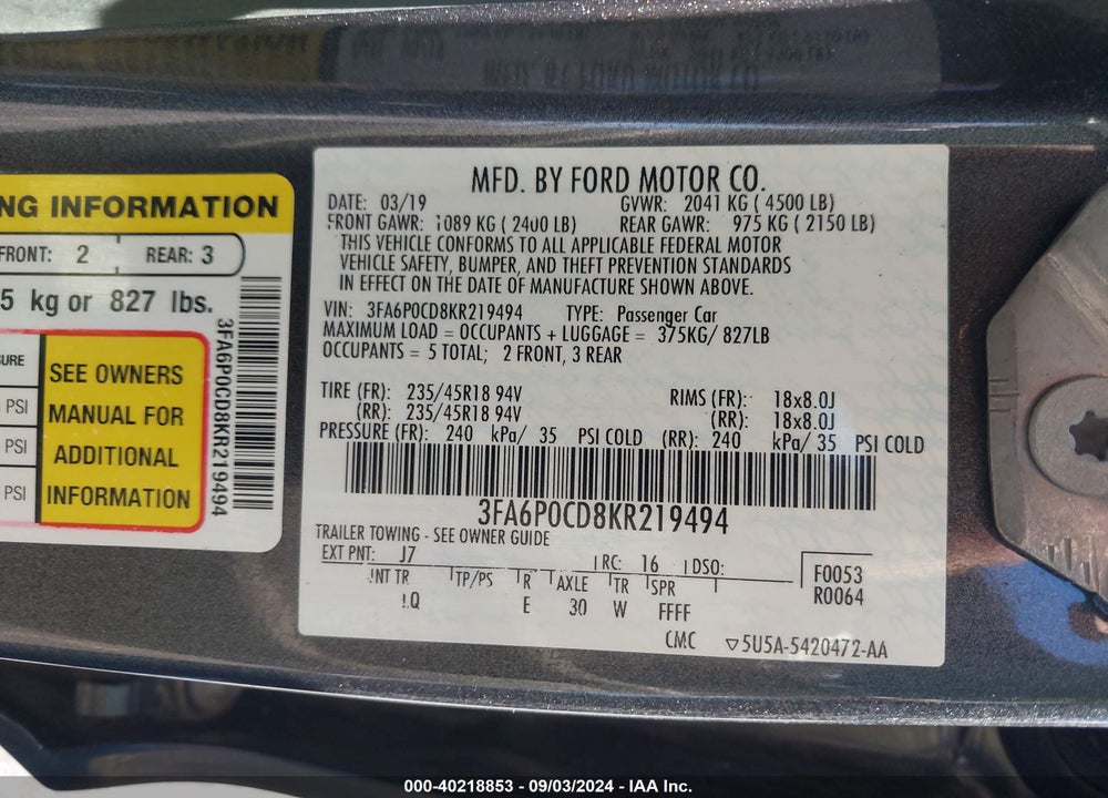 2019 FORD FUSION SEL VIN: 3FA6P0CD8KR219494