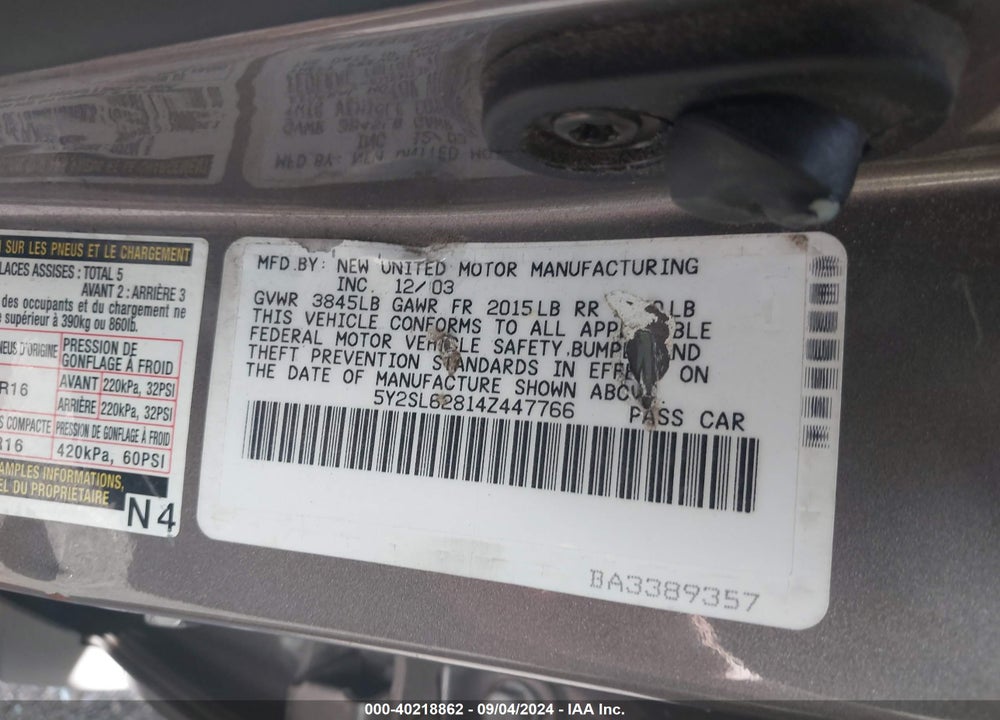 2004 PONTIAC VIBE VIN: 5Y2SL62814Z447766