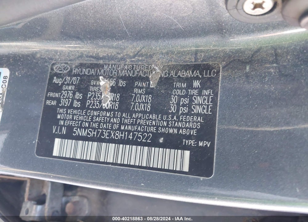 2008 HYUNDAI SANTA FE LIMITED/SE VIN: 5NMSH73EX8H147522