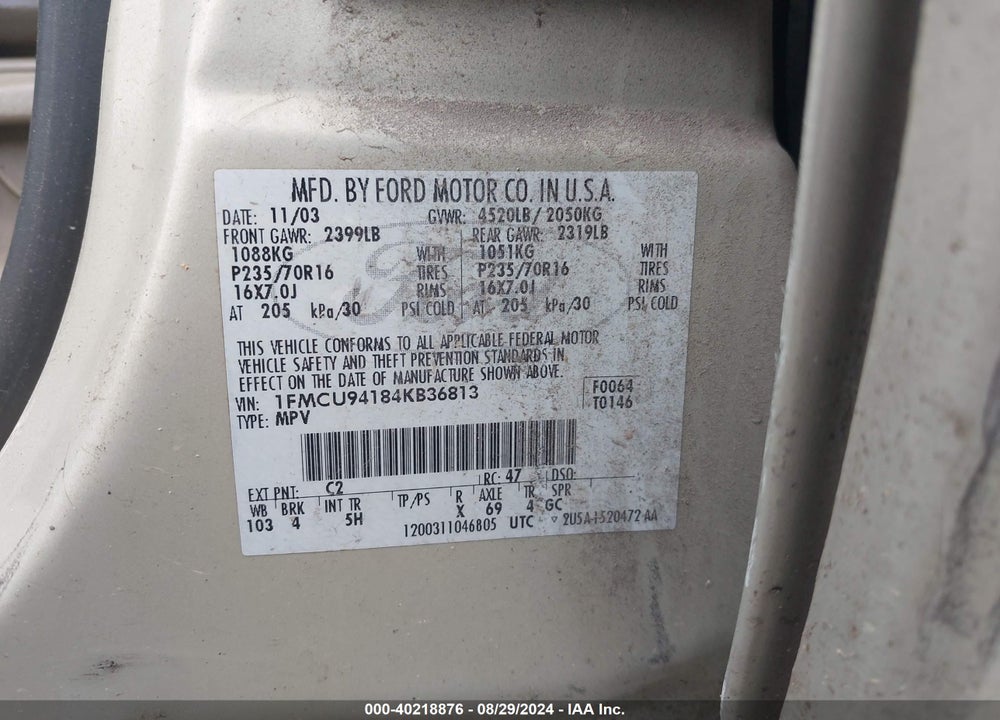 2004 FORD ESCAPE LIMITED VIN: 1FMCU94184KB36813