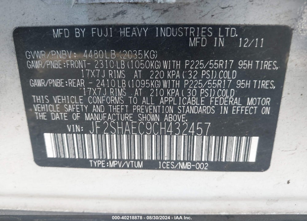 2012 SUBARU FORESTER 2.5X LIMITED VIN: JF2SHAEC9CH432457