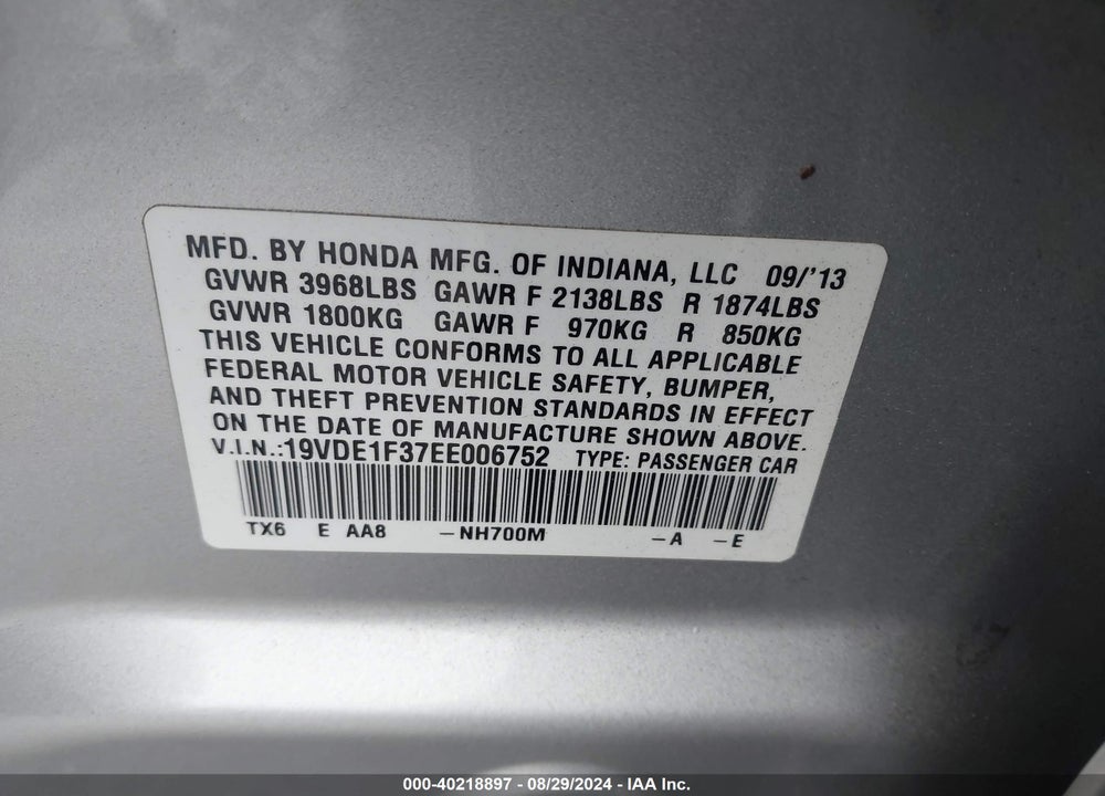 2014 ACURA ILX 2.0L VIN: 19VDE1F37EE006752