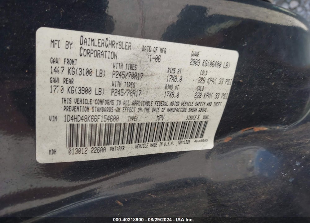 2006 DODGE DURANGO SLT VIN: 1D4HD48K66F154600