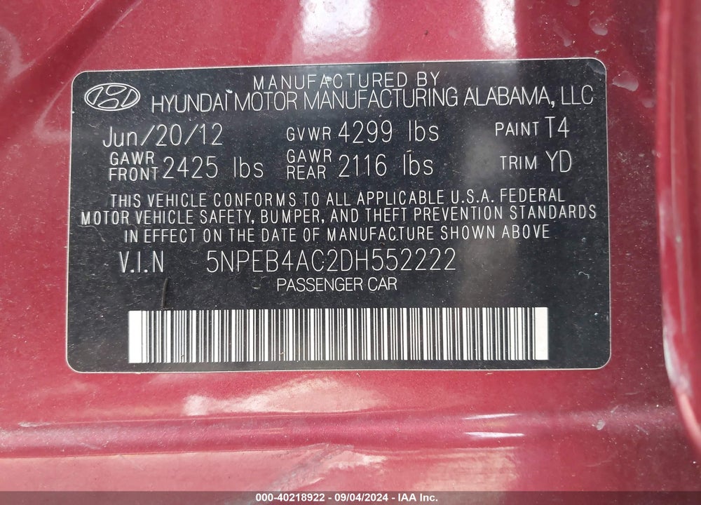 2013 HYUNDAI SONATA GLS VIN: 5NPEB4AC2DH552222