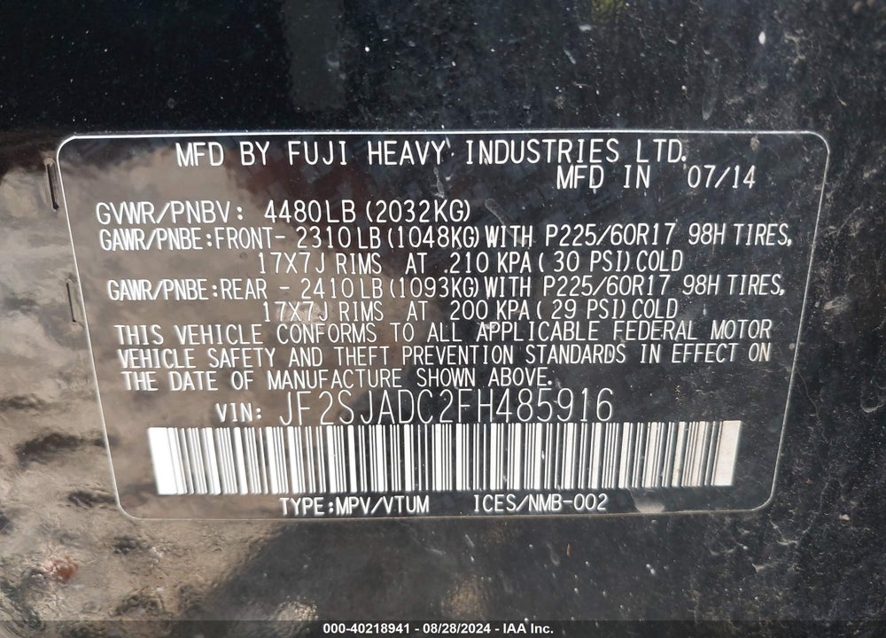 2015 SUBARU FORESTER 2.5I PREMIUM VIN: JF2SJADC2FH485916