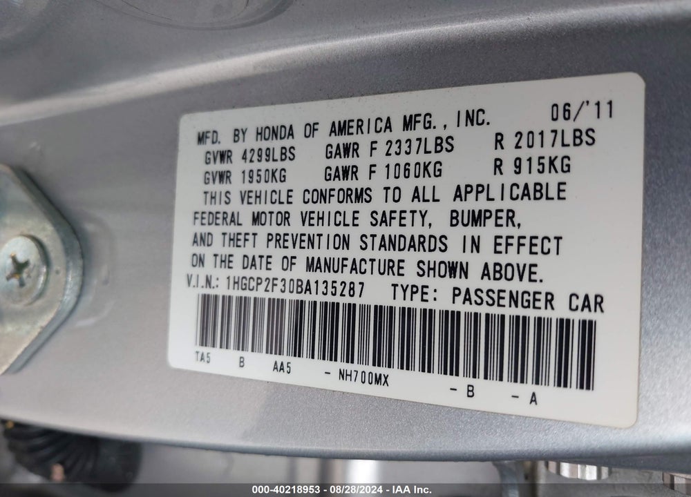 2011 HONDA ACCORD 2.4 LX VIN: 1HGCP2F30BA135287