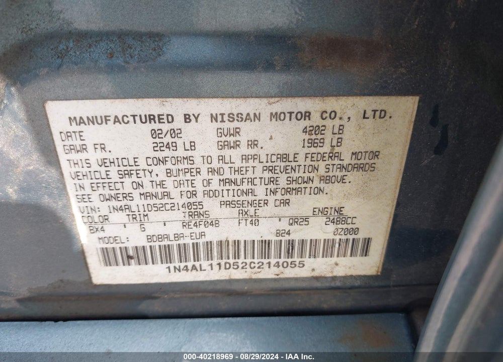 2002 NISSAN ALTIMA 2.5 S VIN: 1N4AL11D52C214055