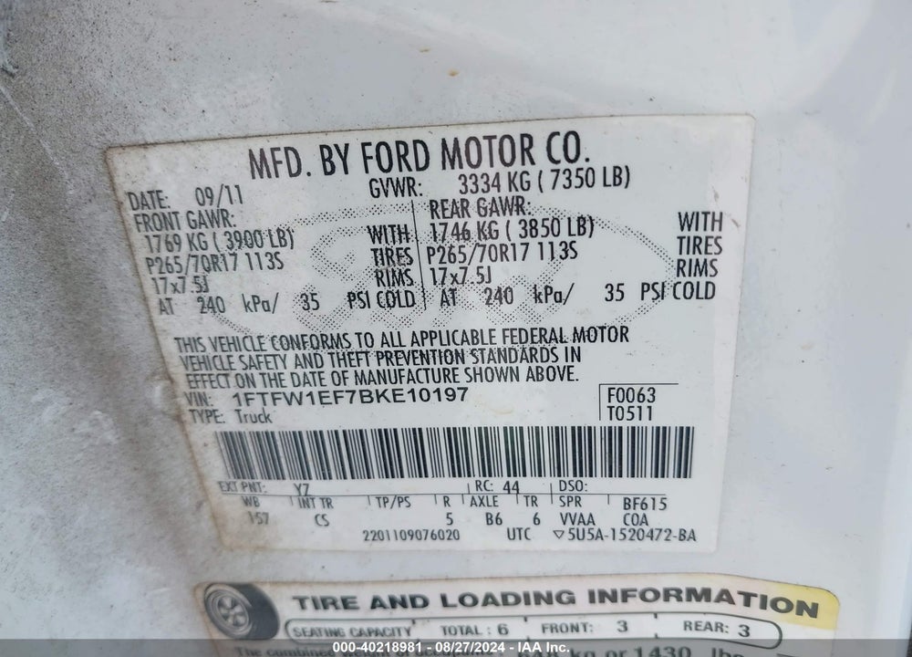 2011 FORD F-150 XL VIN: 1FTFW1EF7BKE10197