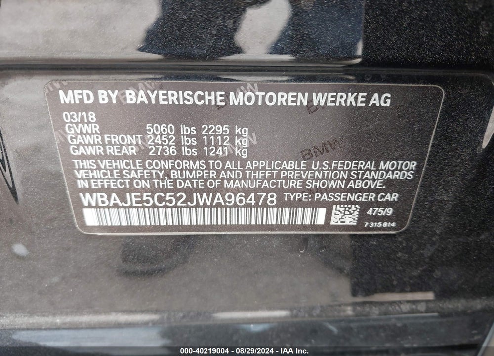 2018 BMW 540I VIN: WBAJE5C52JWA96478
