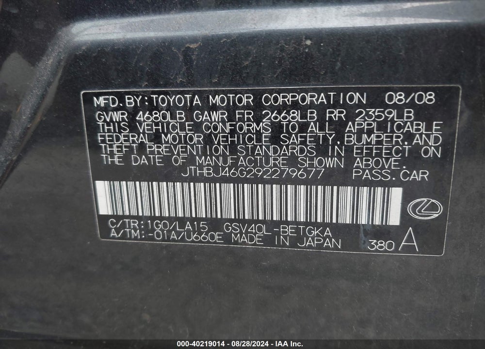 2009 LEXUS ES 350 VIN: JTHBJ46G292279677