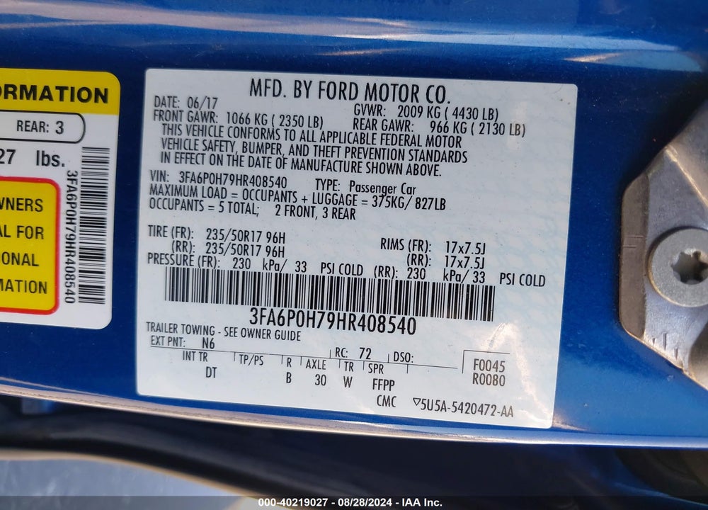 2017 FORD FUSION SE VIN: 3FA6P0H79HR408540