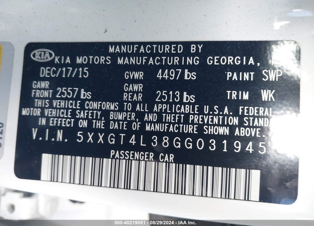2016 KIA OPTIMA LX VIN: 5XXGT4L38GG031945