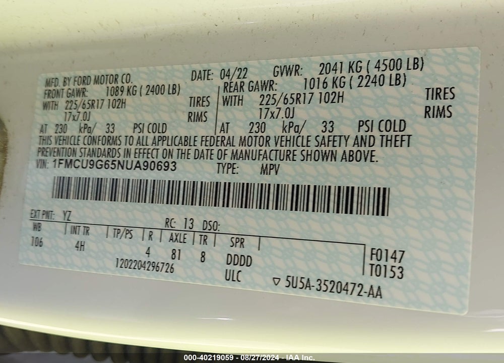 2022 FORD ESCAPE SE VIN: 1FMCU9G65NUA90693