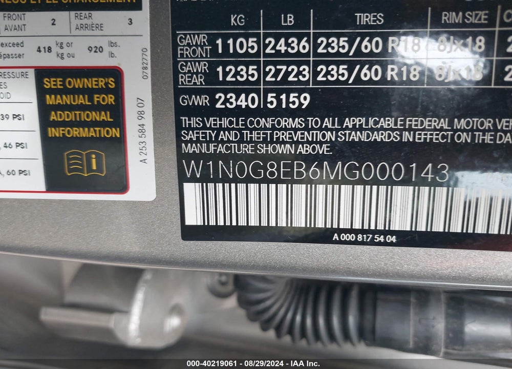 2021 MERCEDES-BENZ GLC 300 4MATIC SUV VIN: W1N0G8EB6MG000143