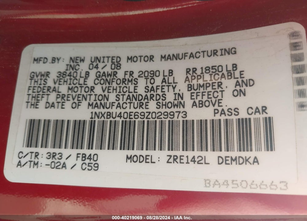 2009 TOYOTA COROLLA VIN: 1NXBU40E69Z029973