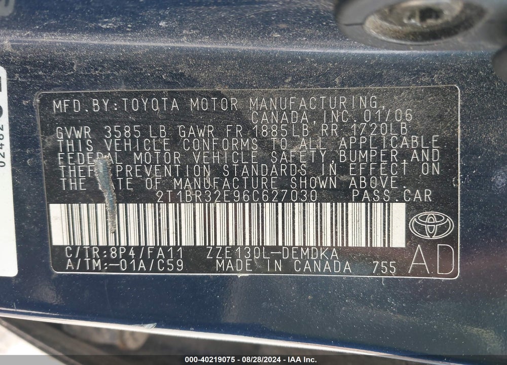 2006 TOYOTA COROLLA CE VIN: 2T1BR32E96C627030