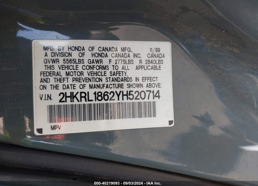 2000 HONDA ODYSSEY EX VIN: 2HKRL1862YH520714