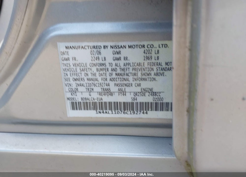 2006 NISSAN ALTIMA VIN: 1N4AL11D76C192744