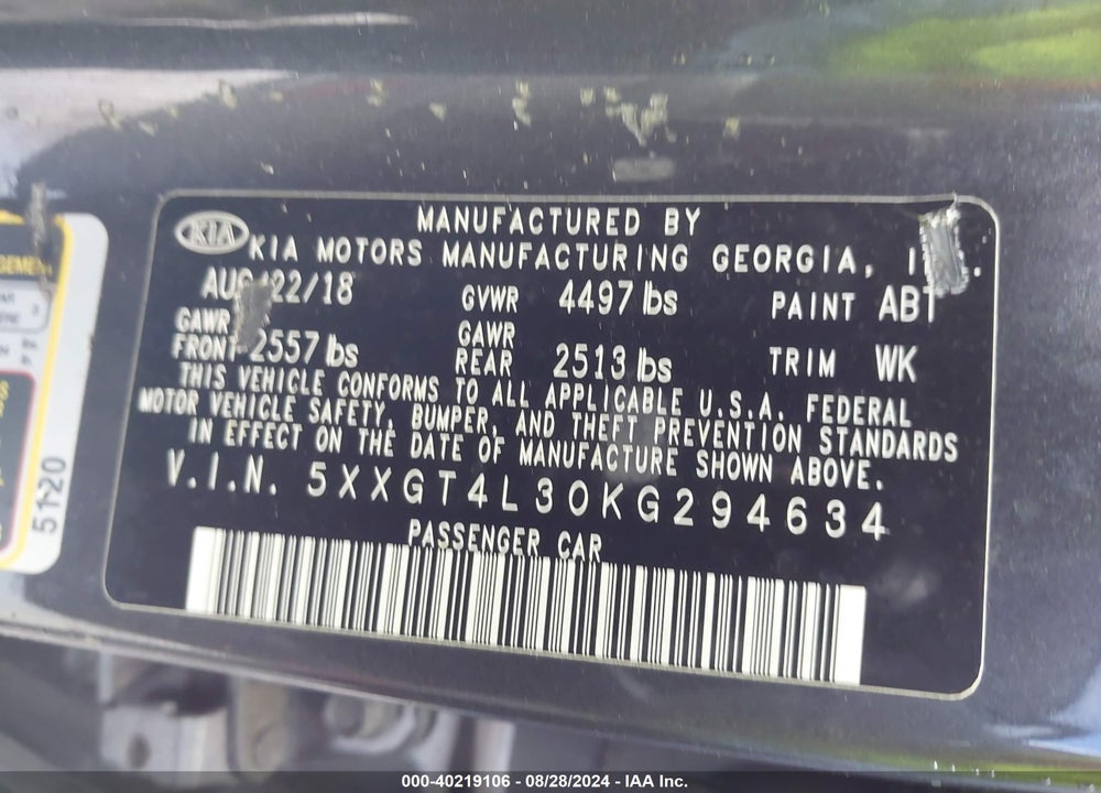 2019 KIA OPTIMA LX VIN: 5XXGT4L30KG294634