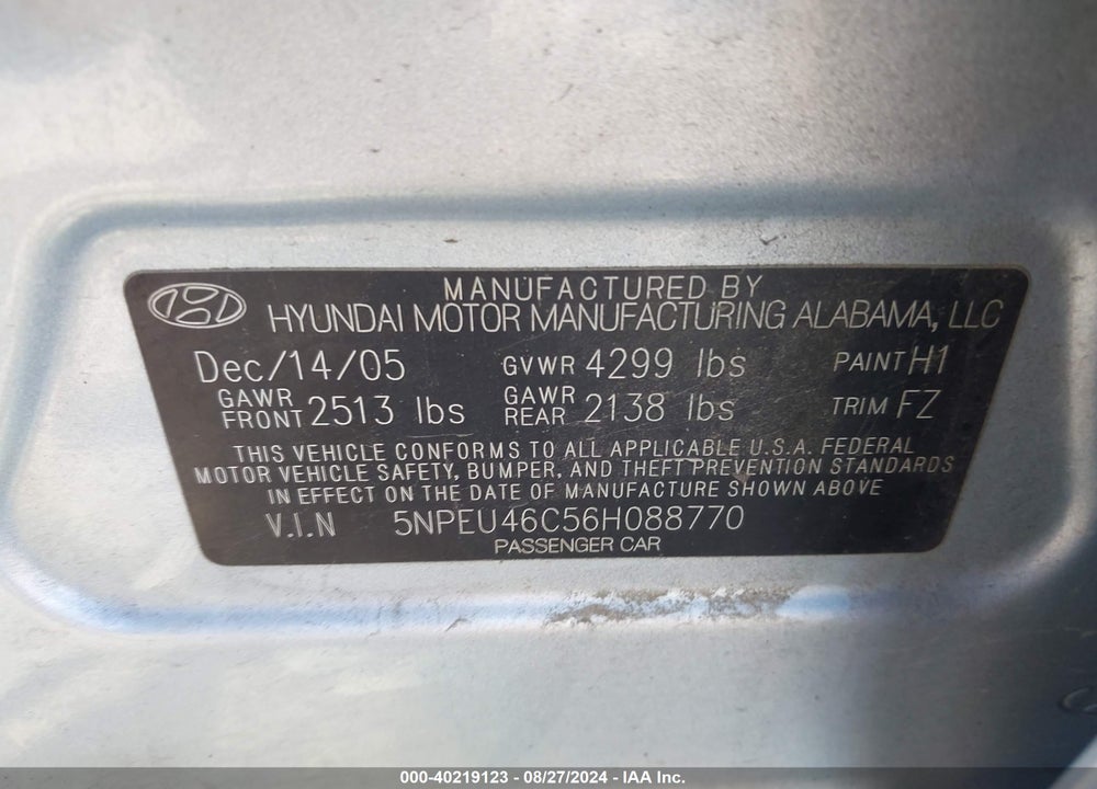 2006 HYUNDAI SONATA GLS VIN: 5NPEU46C56H088770