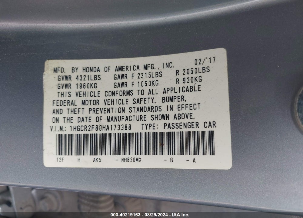 2017 HONDA ACCORD EX-L VIN: 1HGCR2F80HA173388