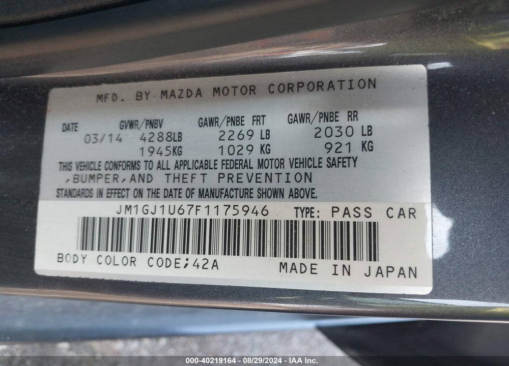 2015 MAZDA 6 I SPORT VIN: JM1GJ1U67F1175946