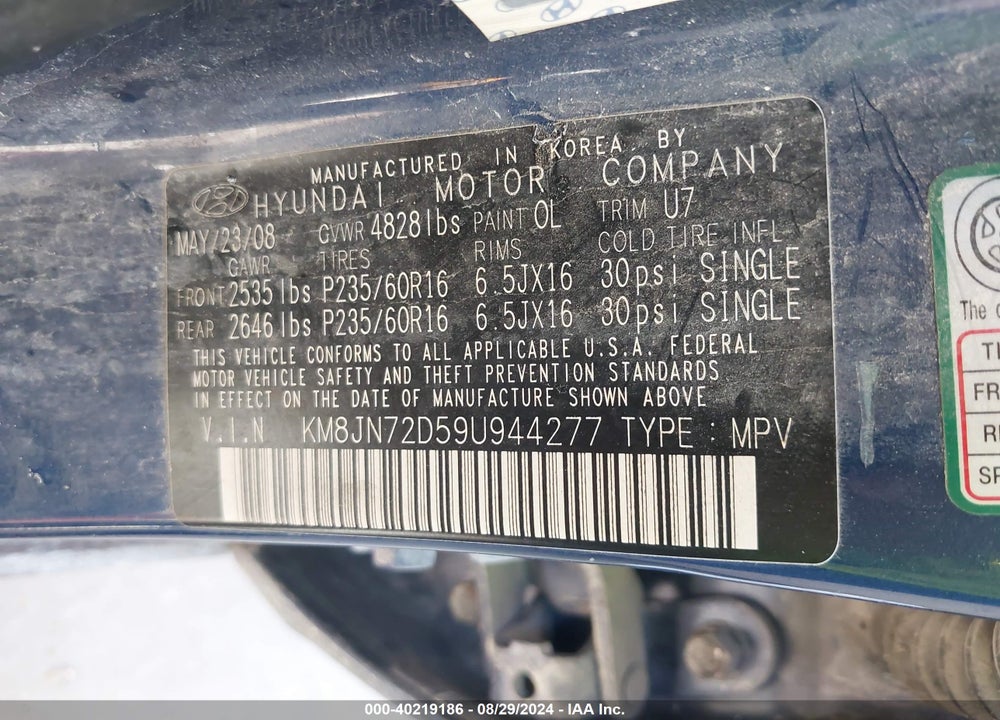 2009 HYUNDAI TUCSON SE VIN: KM8JN72D59U944277