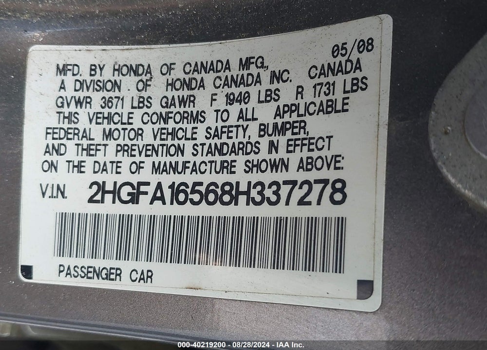 2008 HONDA CIVIC SDN LX VIN: 2HGFA16568H337278