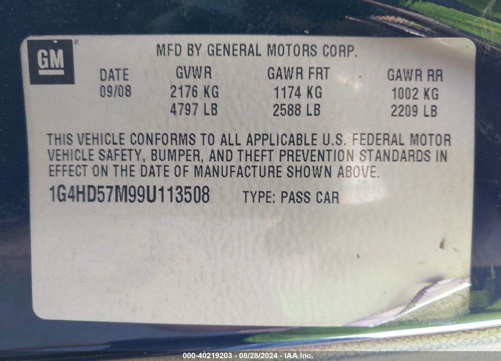 2009 BUICK LUCERNE CXL VIN: 1G4HD57M99U113508
