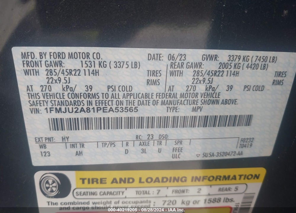 2023 FORD EXPEDITION LIMITED VIN: 1FMJU2A81PEA53565