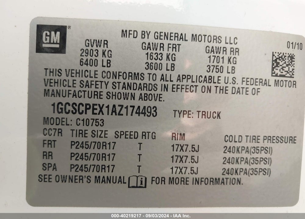 2010 CHEVROLET SILVERADO 1500 WORK TRUCK VIN: 1GCSCPEX1AZ174493