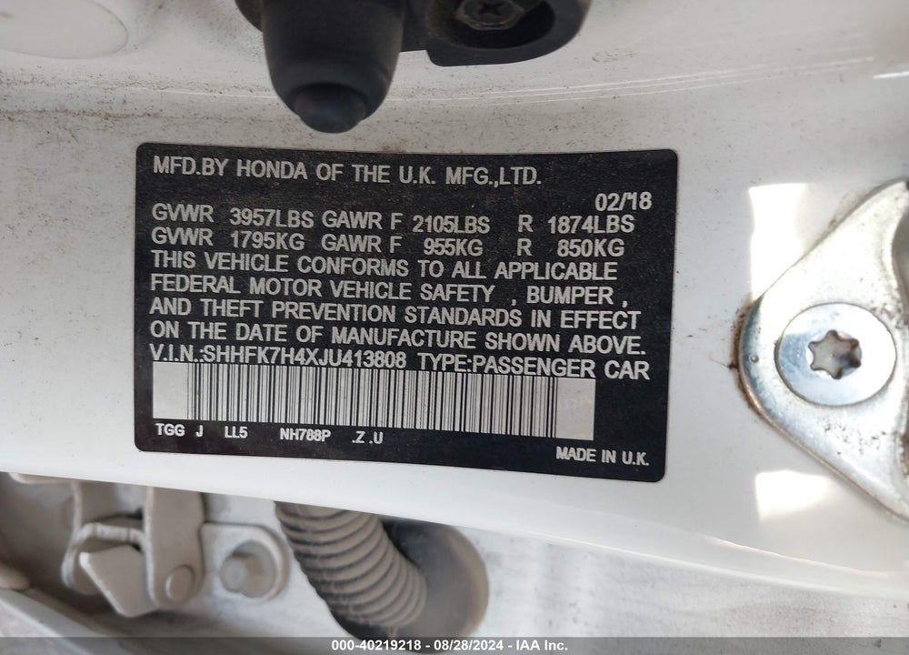2018 HONDA CIVIC SPORT VIN: SHHFK7H4XJU413808