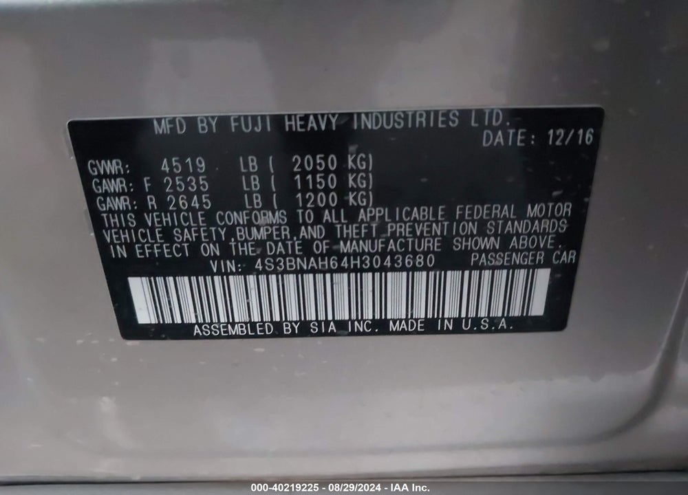 2017 SUBARU LEGACY VIN: 4S3BNAH64H3043680
